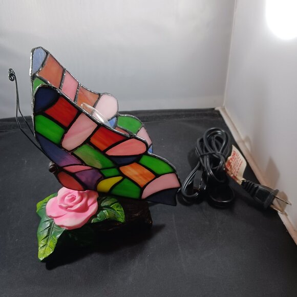 Vintage Stained Tiffany Style Glass Butterfly Table Desk Lamp - Picture 1 of 14